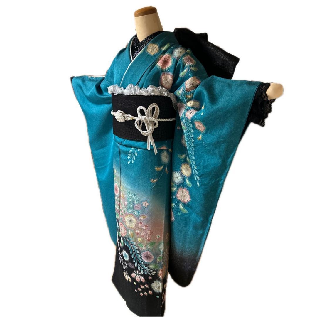 銀通し辻が花×黒シルバーレースMODE♡正絹振袖フルセット 成人式