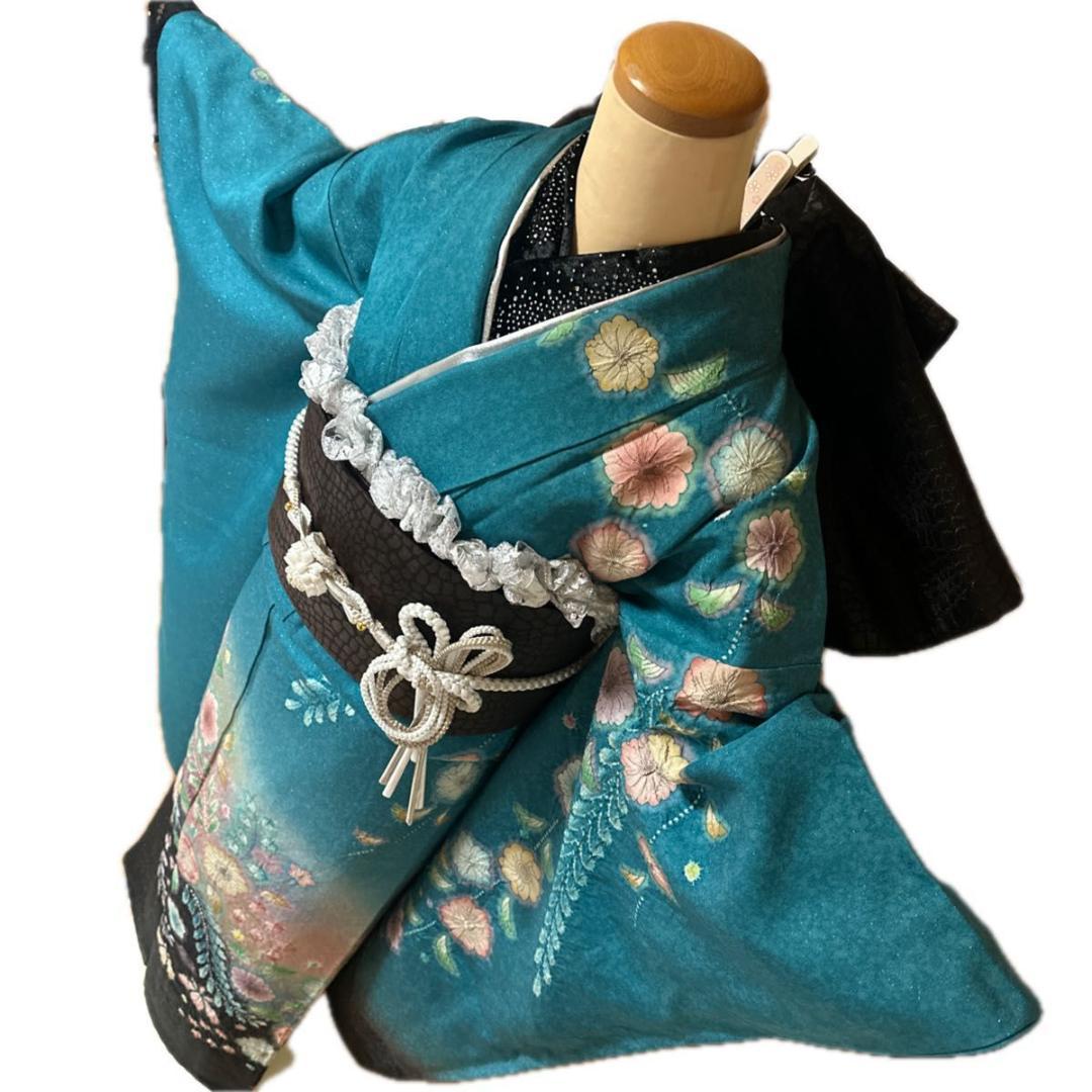 銀通し辻が花×黒シルバーレースMODE♡正絹振袖フルセット 成人式