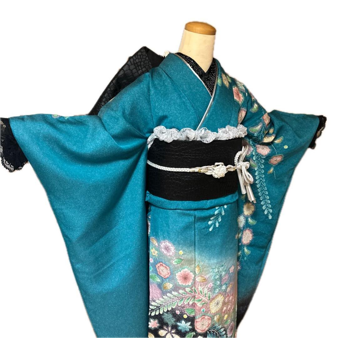 銀通し辻が花×黒シルバーレースMODE♡正絹振袖フルセット 成人式