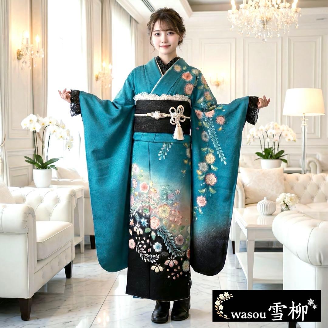 銀通し辻が花×黒シルバーレースMODE♡正絹振袖フルセット 成人式