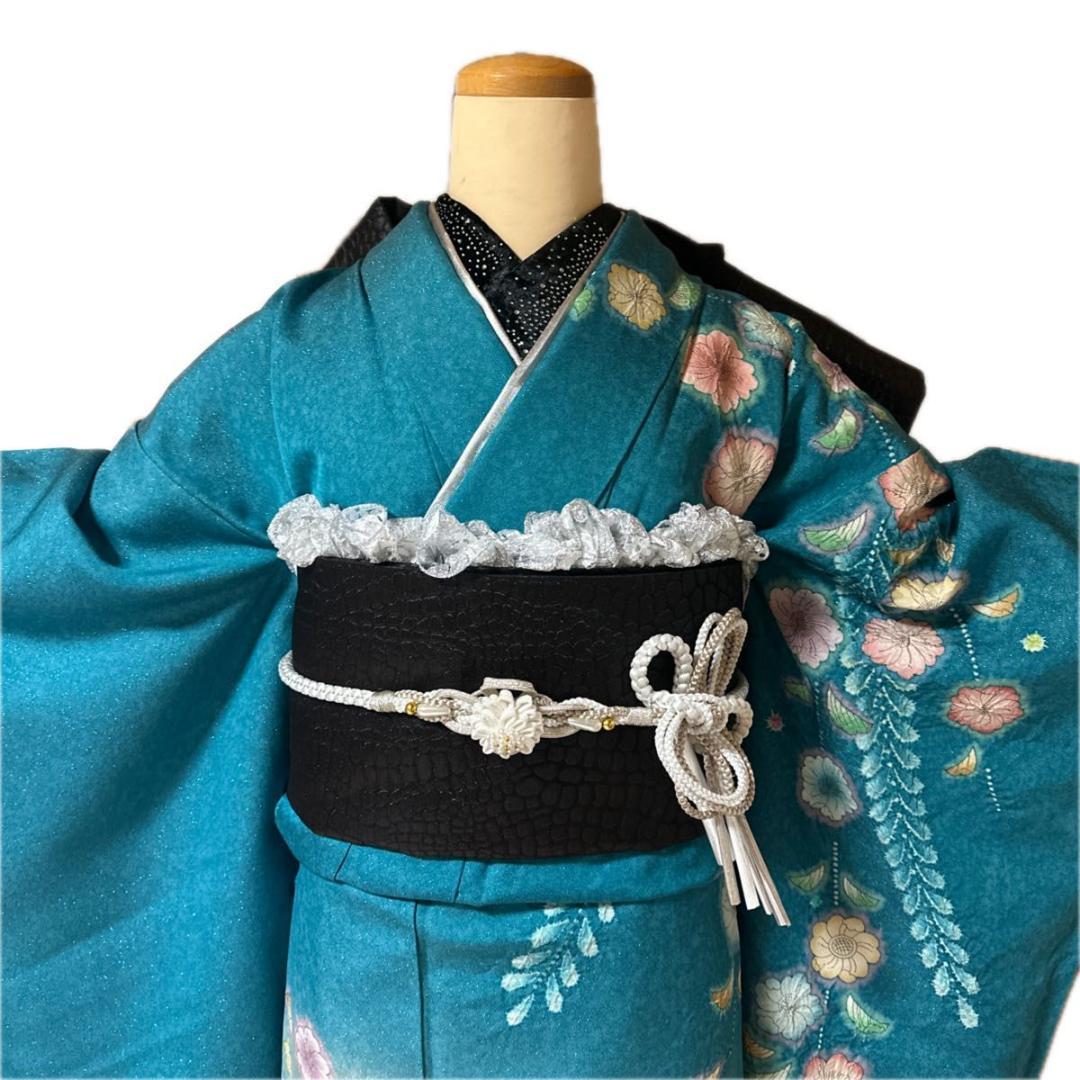 銀通し辻が花×黒シルバーレースMODE♡正絹振袖フルセット 成人式