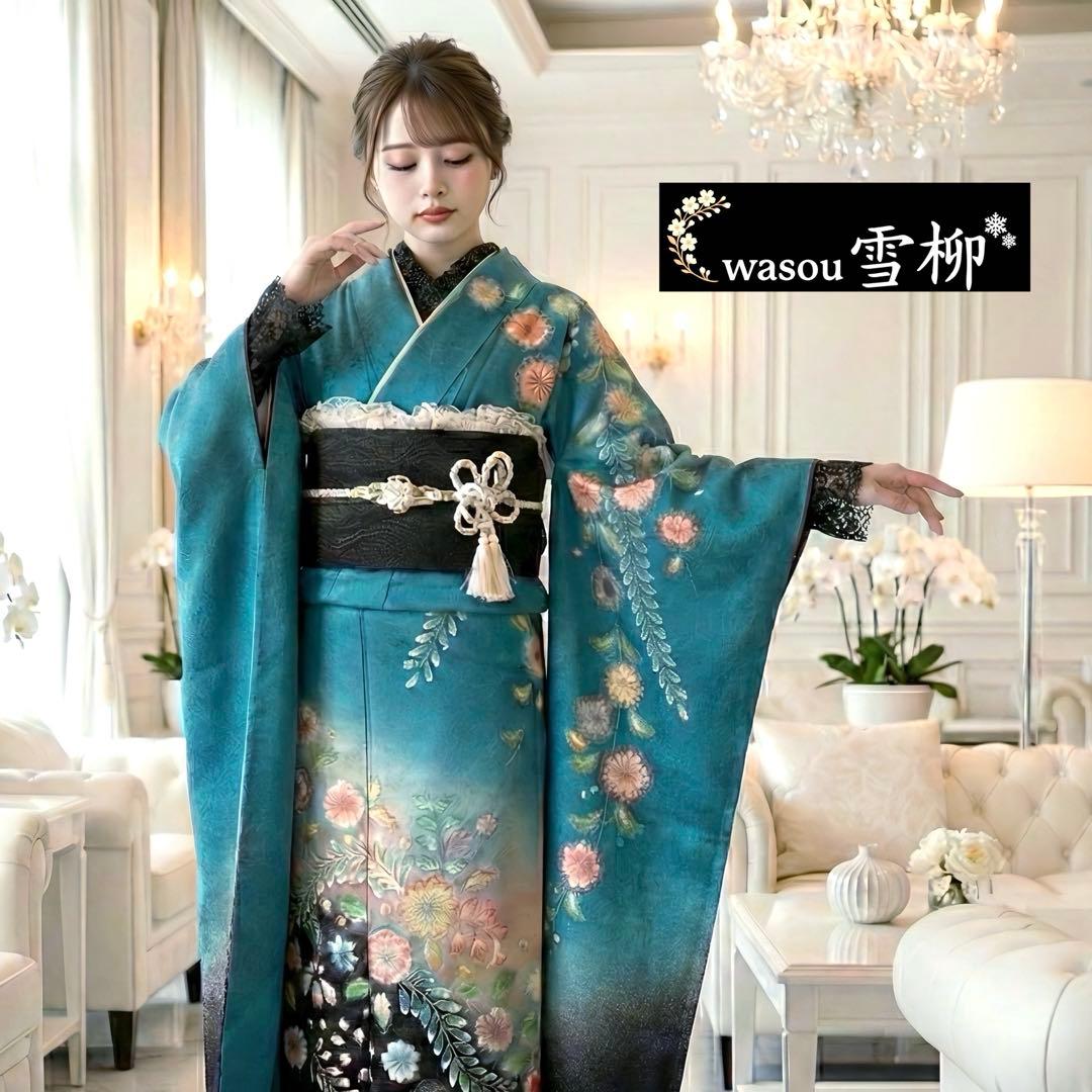 銀通し辻が花×黒シルバーレースMODE♡正絹振袖フルセット 成人式