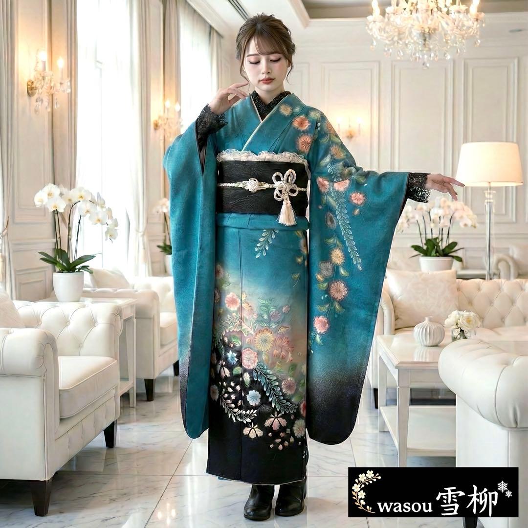 銀通し辻が花×黒シルバーレースMODE♡正絹振袖フルセット 成人式