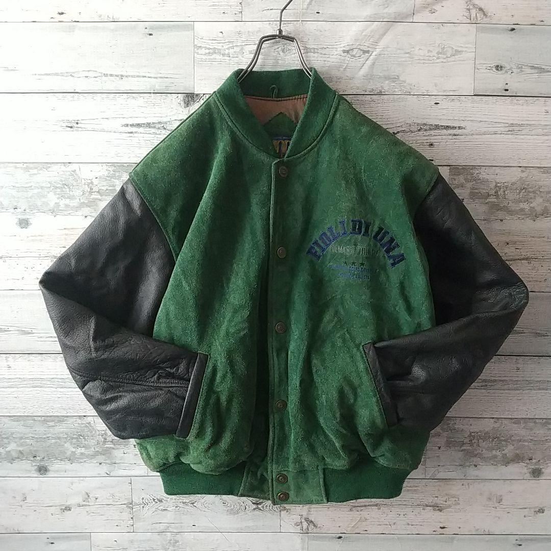 雰囲気抜群☆両面刺繍 アーチロゴ 切替 スエード カウレザー スタジャン