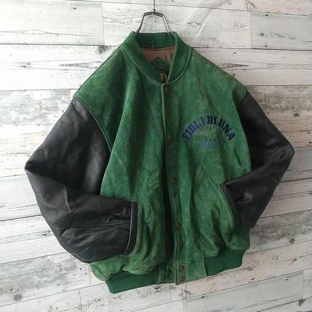 雰囲気抜群☆両面刺繍 アーチロゴ 切替 スエード カウレザー スタジャン