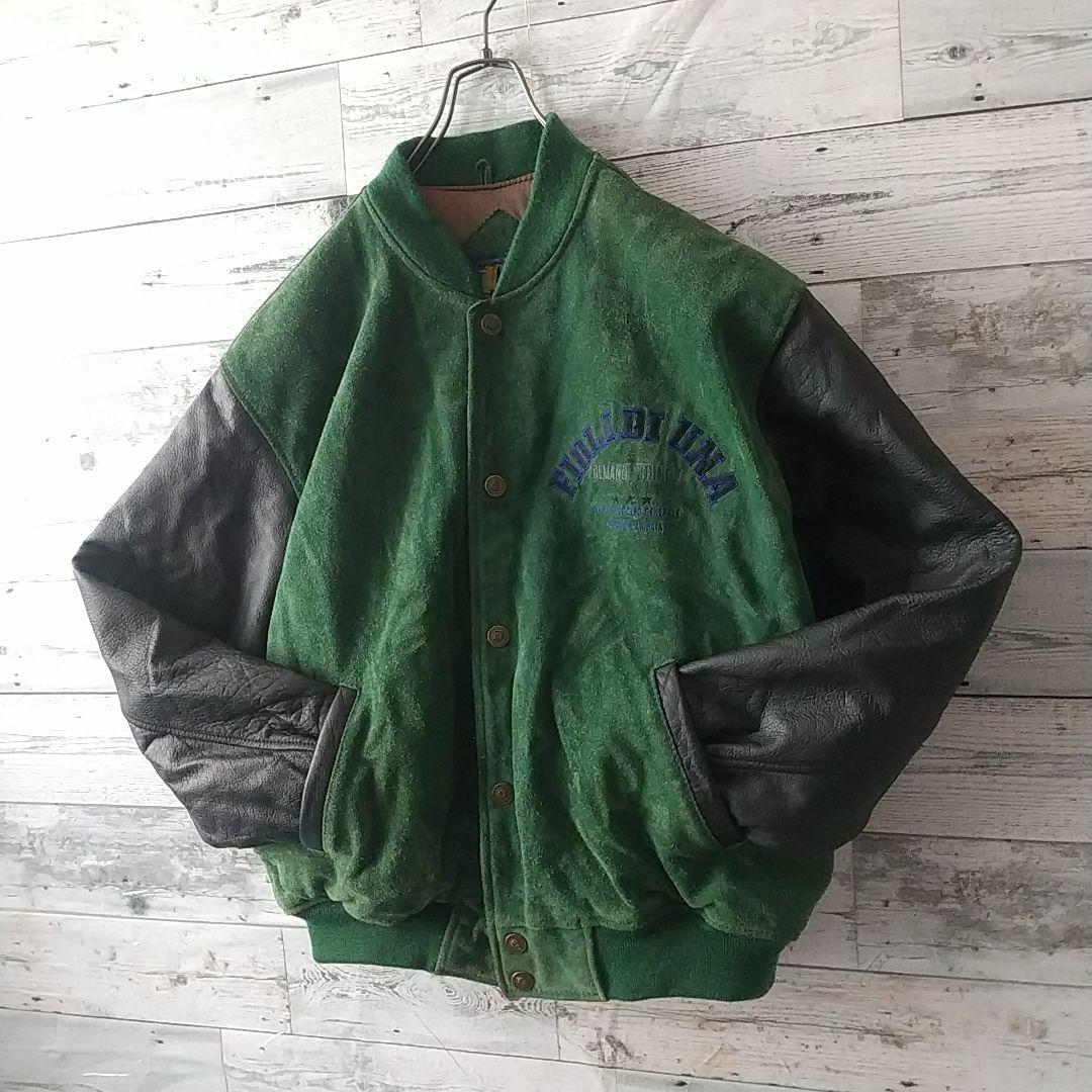 雰囲気抜群☆両面刺繍 アーチロゴ 切替 スエード カウレザー スタジャン