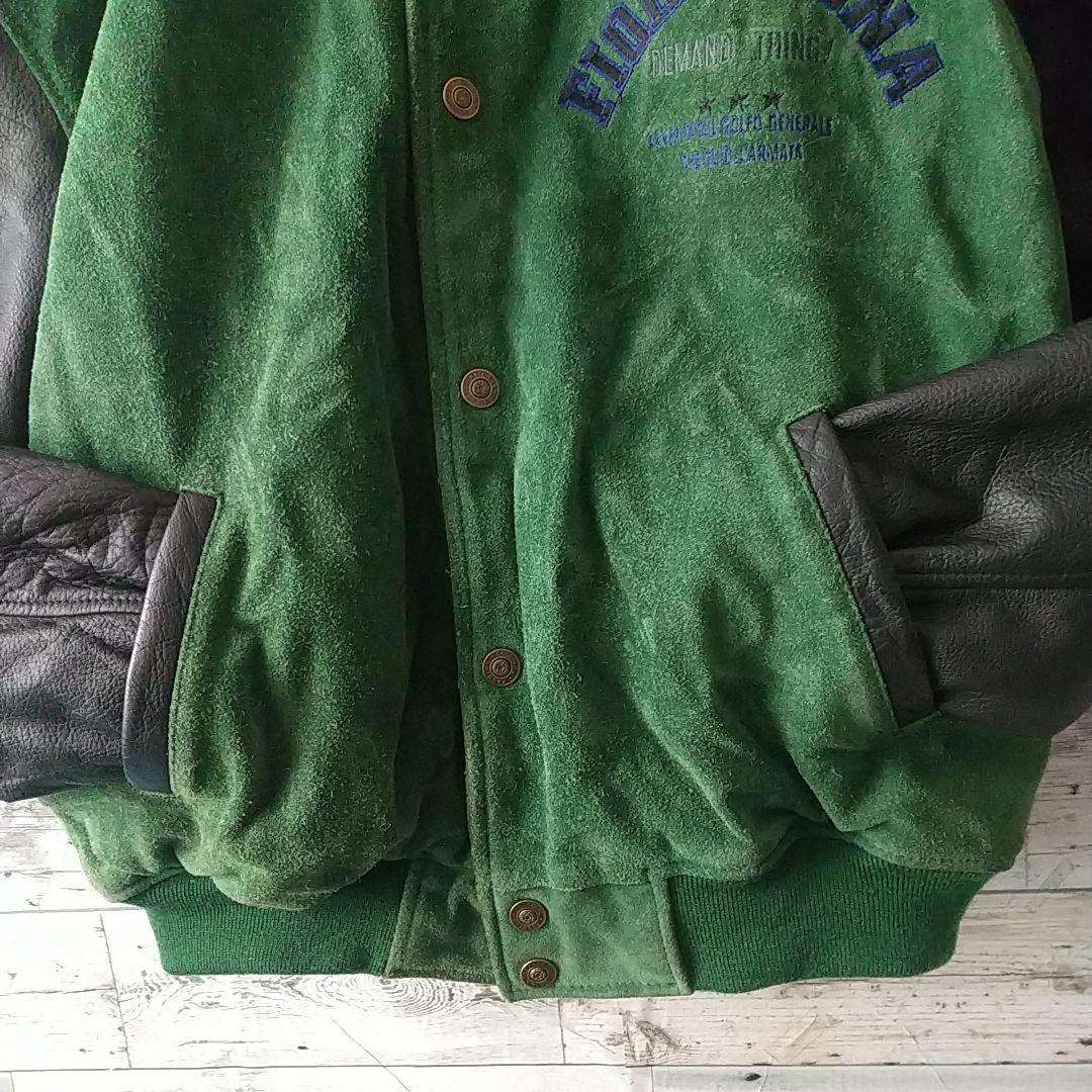 雰囲気抜群☆両面刺繍 アーチロゴ 切替 スエード カウレザー スタジャン