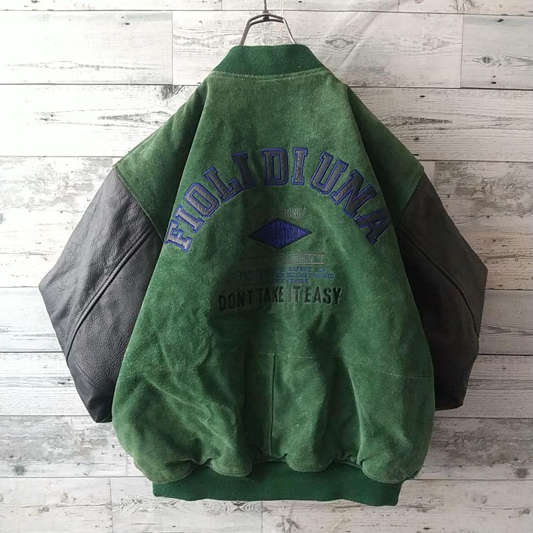 雰囲気抜群☆両面刺繍 アーチロゴ 切替 スエード カウレザー スタジャン