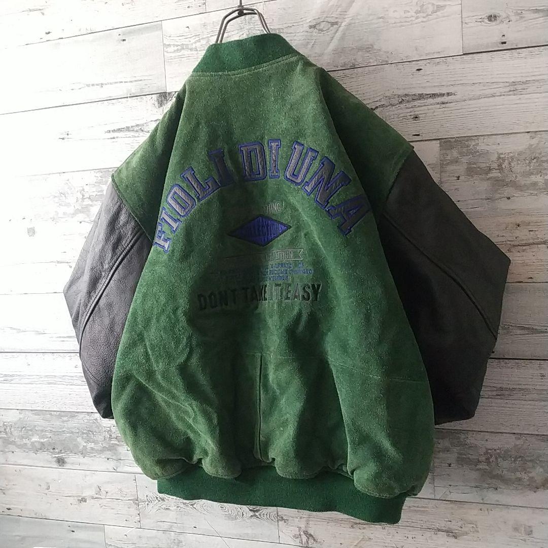 雰囲気抜群☆両面刺繍 アーチロゴ 切替 スエード カウレザー スタジャン