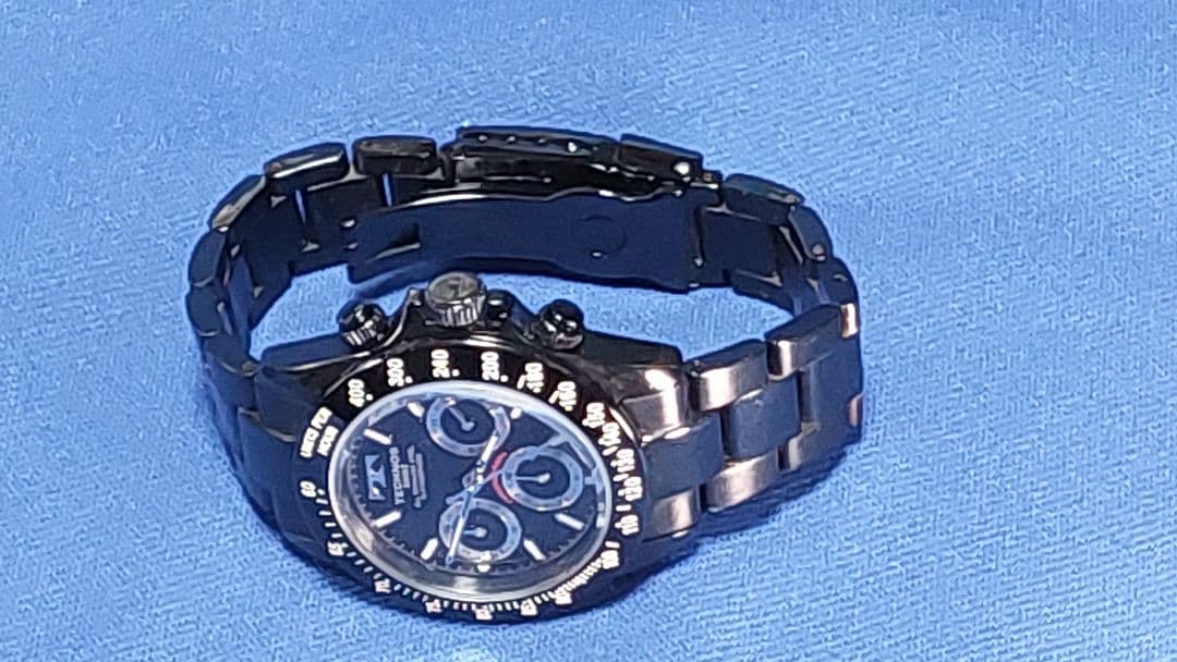 r*7様 TECHNOS ブラック クロノグラフ腕時計