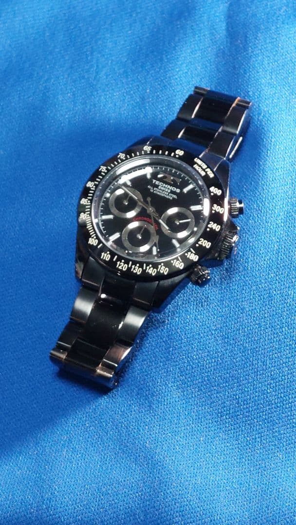 r*7様 TECHNOS ブラック クロノグラフ腕時計