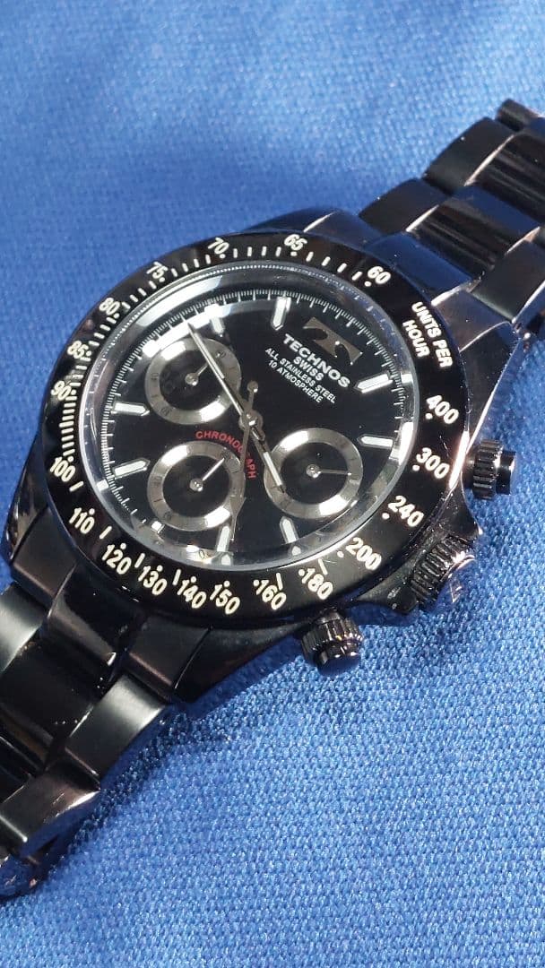 r*7様 TECHNOS ブラック クロノグラフ腕時計