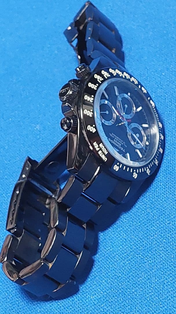 r*7様 TECHNOS ブラック クロノグラフ腕時計