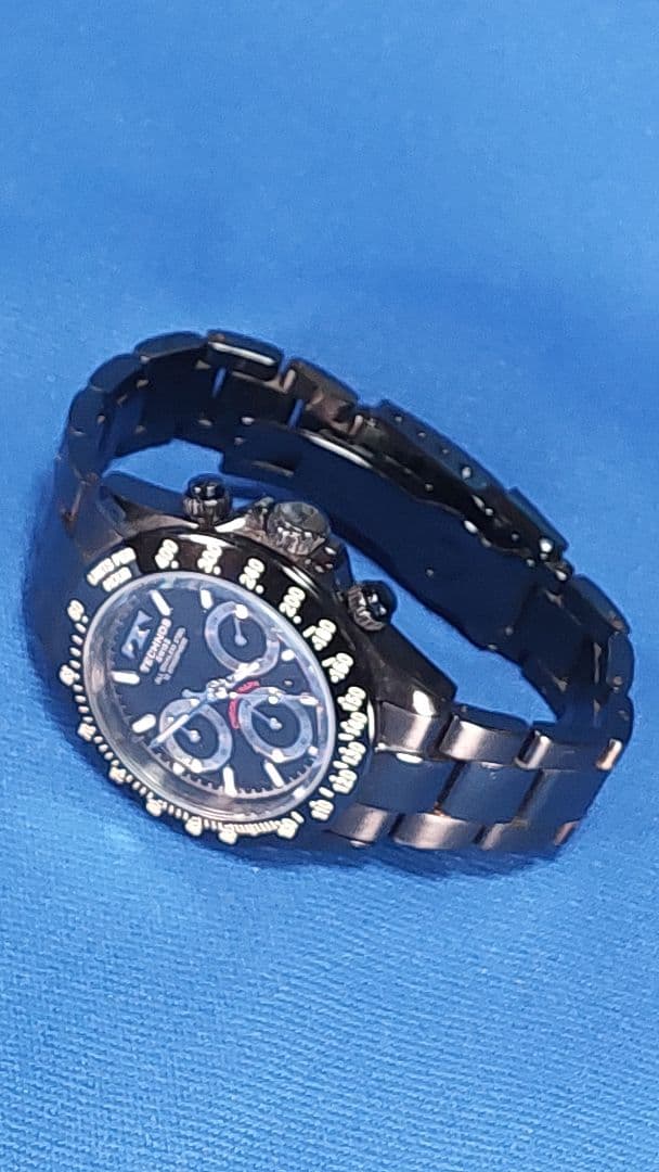 r*7様 TECHNOS ブラック クロノグラフ腕時計