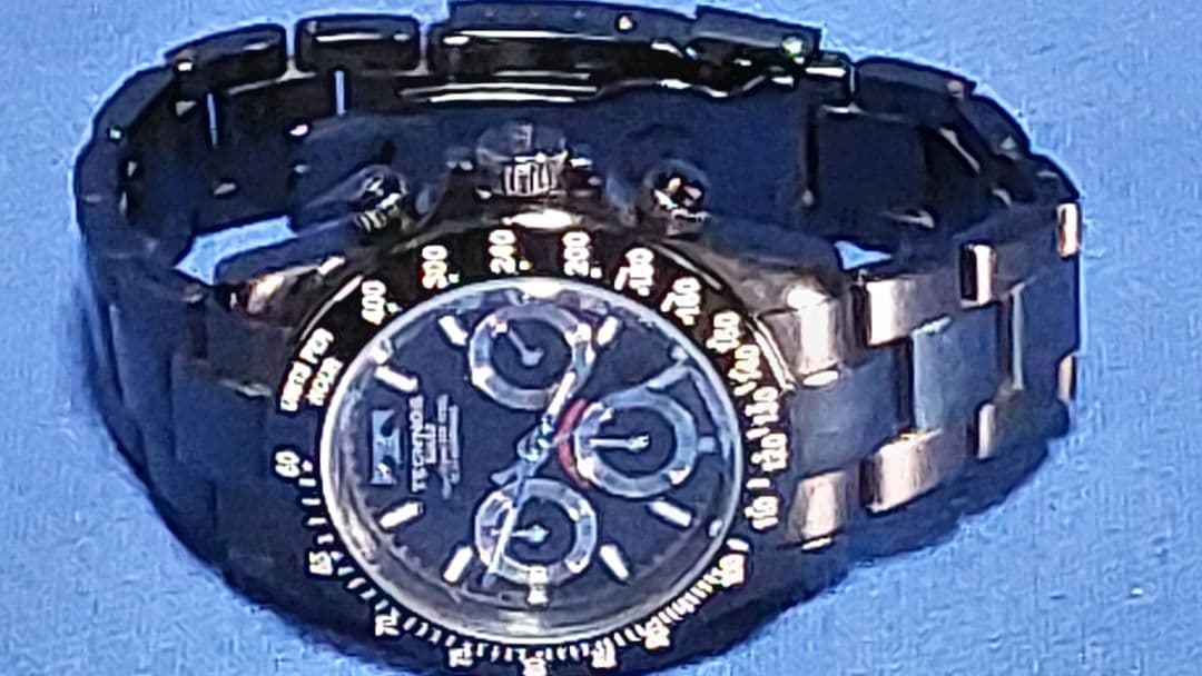 r*7様 TECHNOS ブラック クロノグラフ腕時計