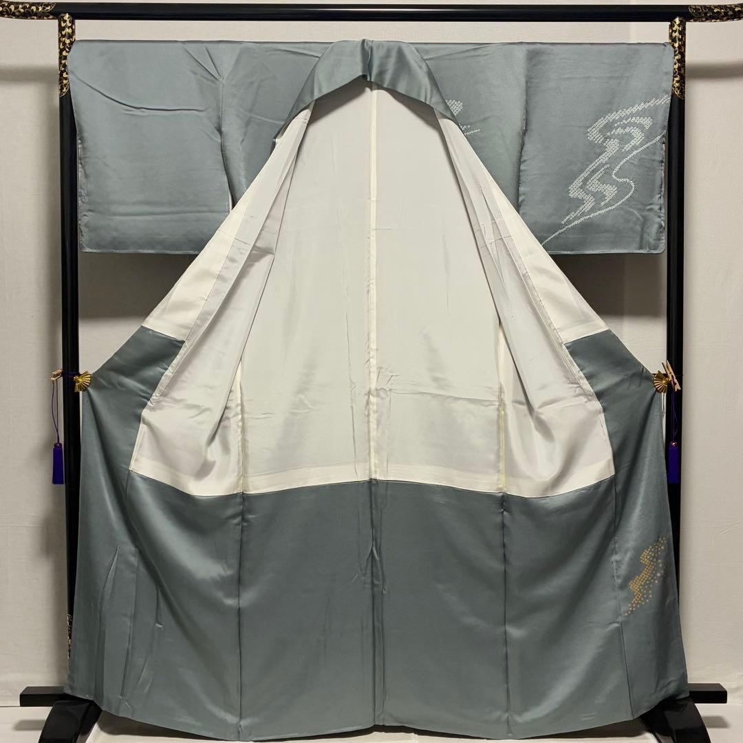 D203 訪問着　絞り　花刺繍　正絹　着物　袷　しつけ糸付き未使用極美品