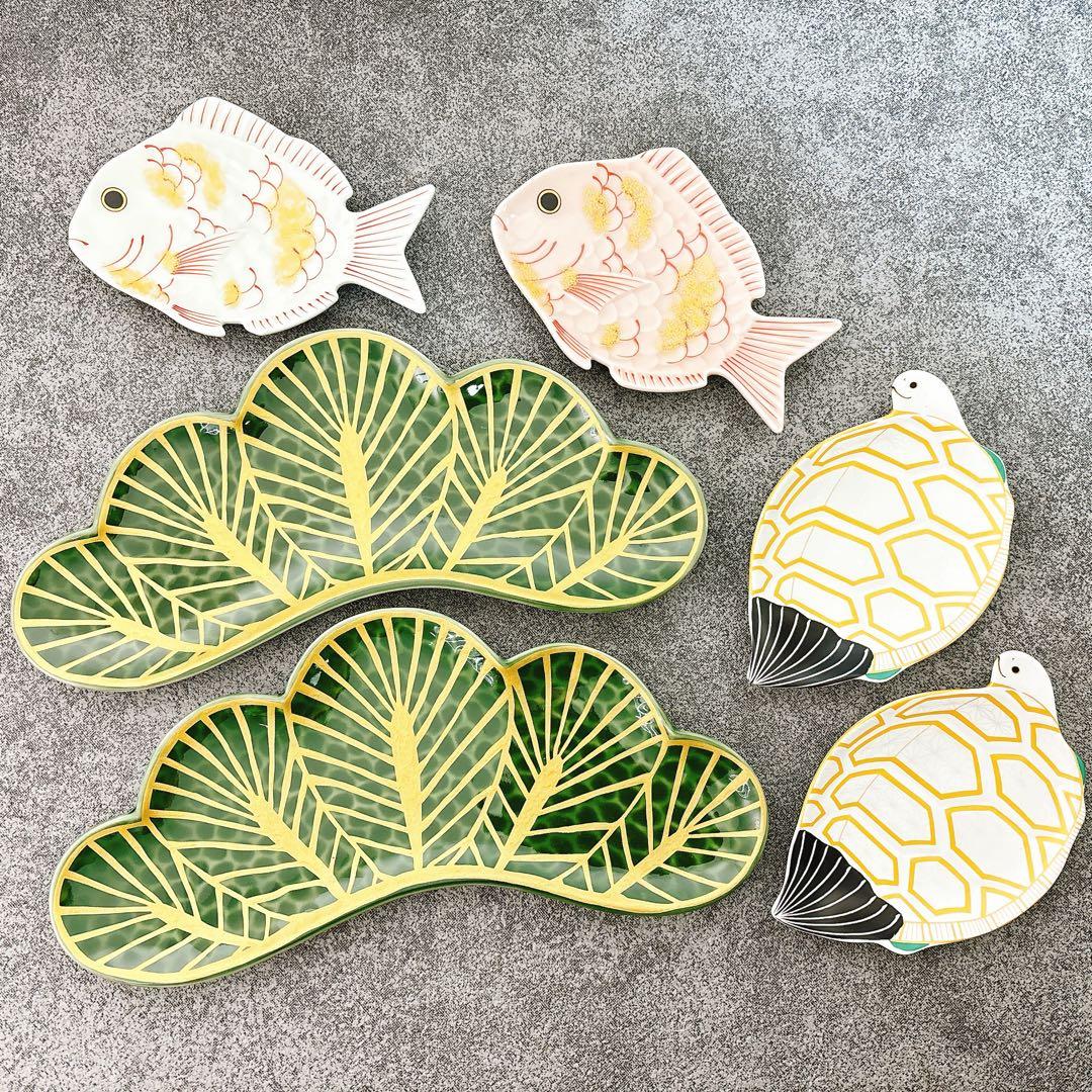 正月セールご依頼品　錦金松葉形前菜皿　亀銘々皿　鯛紅白銘々皿　6点セット