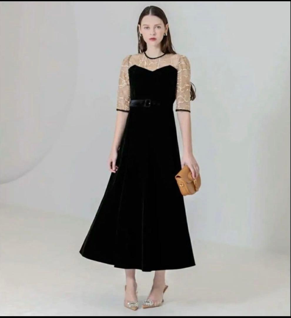 Leja オケージョンドレス　ベロア　ウエストベルト付 花柄レース　キラキラ刺繍