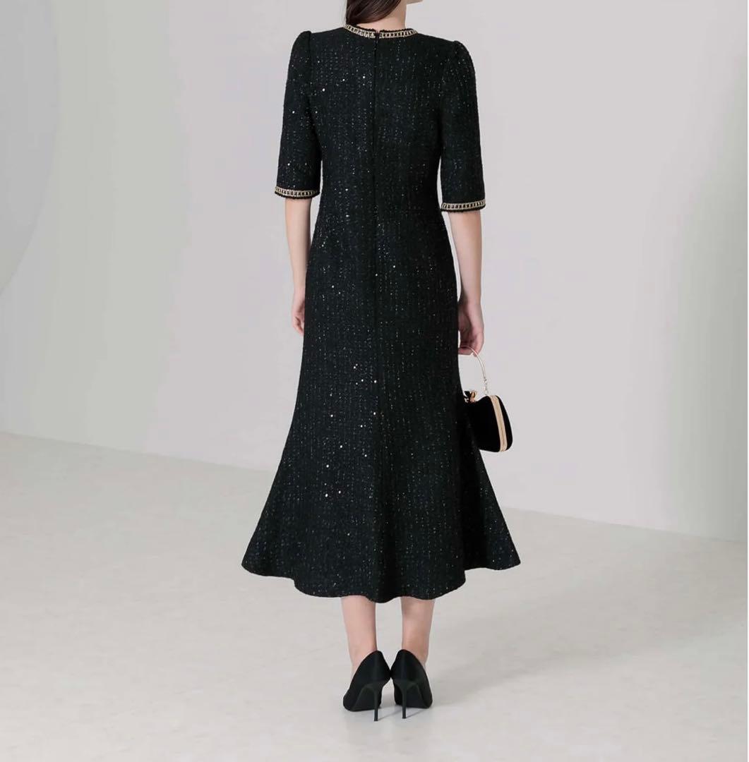 leja ラメツイードレザーパイピングパールマーメイドワンピースドレス