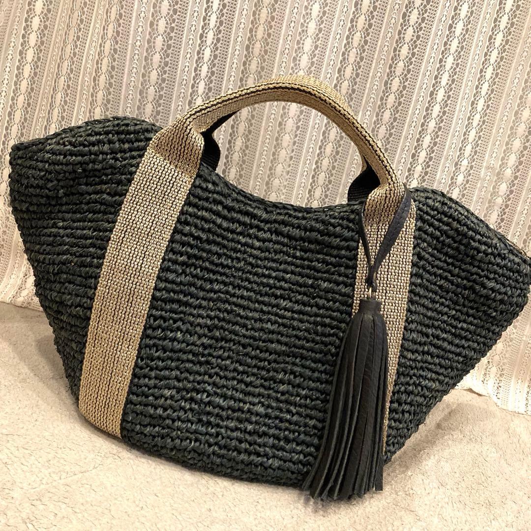 美品　ヴィオラドーロ　ラフィア　タッセル　かごバッグ　SANDRO 黒