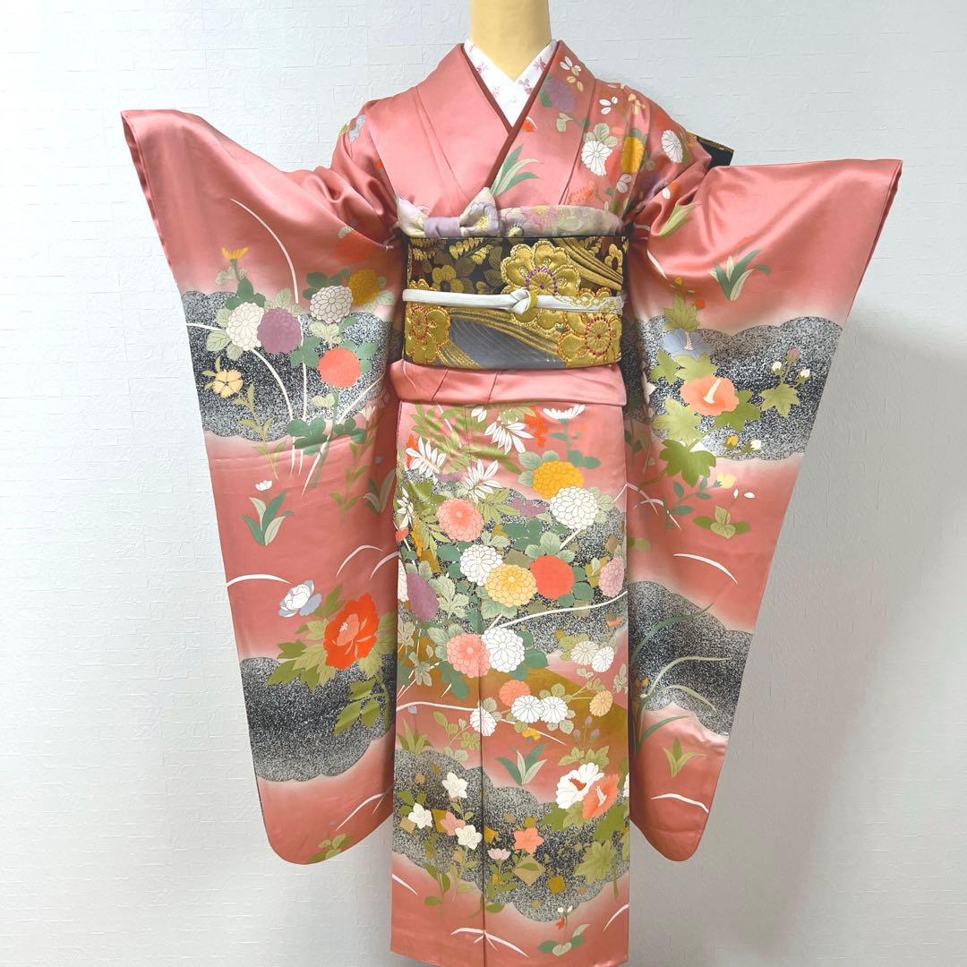 471 振袖フルセット 正絹 くすみピンク 渋桃 黒 金彩 暈し染め たたき染め