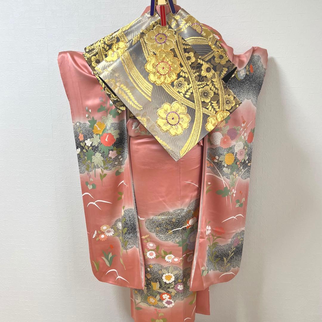 471 振袖フルセット 正絹 くすみピンク 渋桃 黒 金彩 暈し染め たたき染め