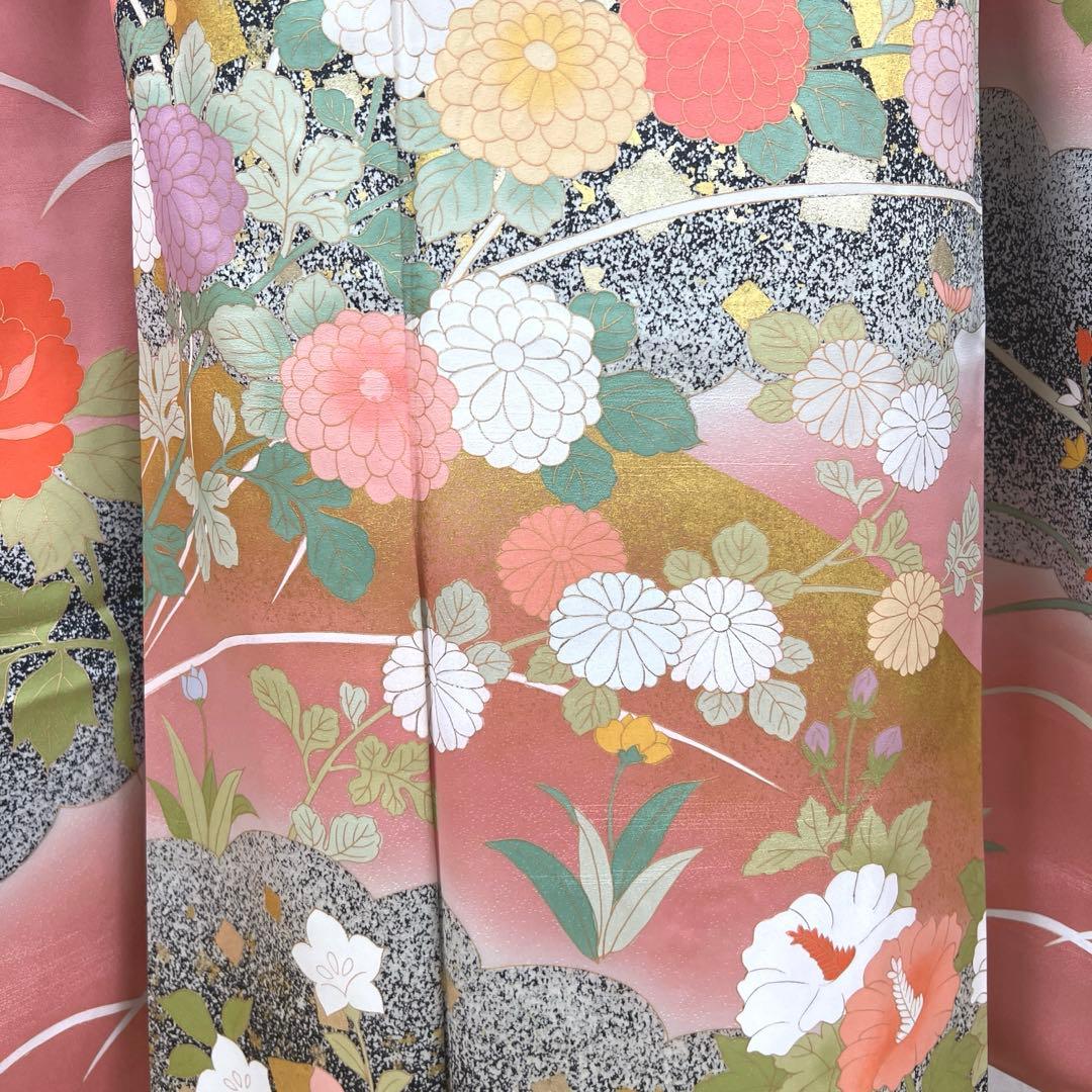 471 振袖フルセット 正絹 くすみピンク 渋桃 黒 金彩 暈し染め たたき染め