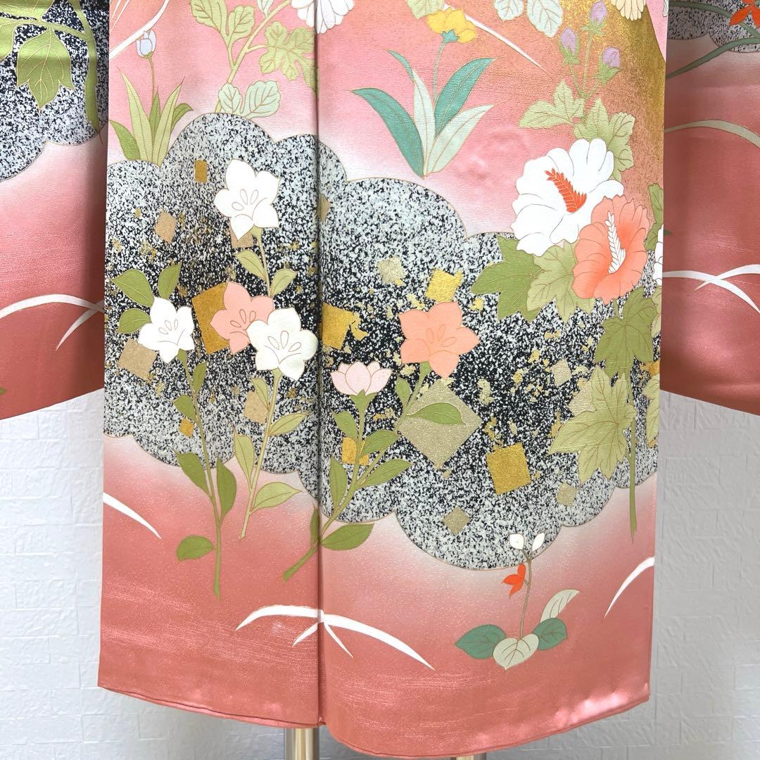 471 振袖フルセット 正絹 くすみピンク 渋桃 黒 金彩 暈し染め たたき染め