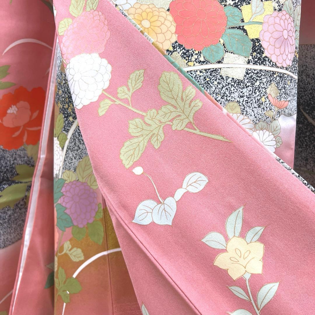 471 振袖フルセット 正絹 くすみピンク 渋桃 黒 金彩 暈し染め たたき染め