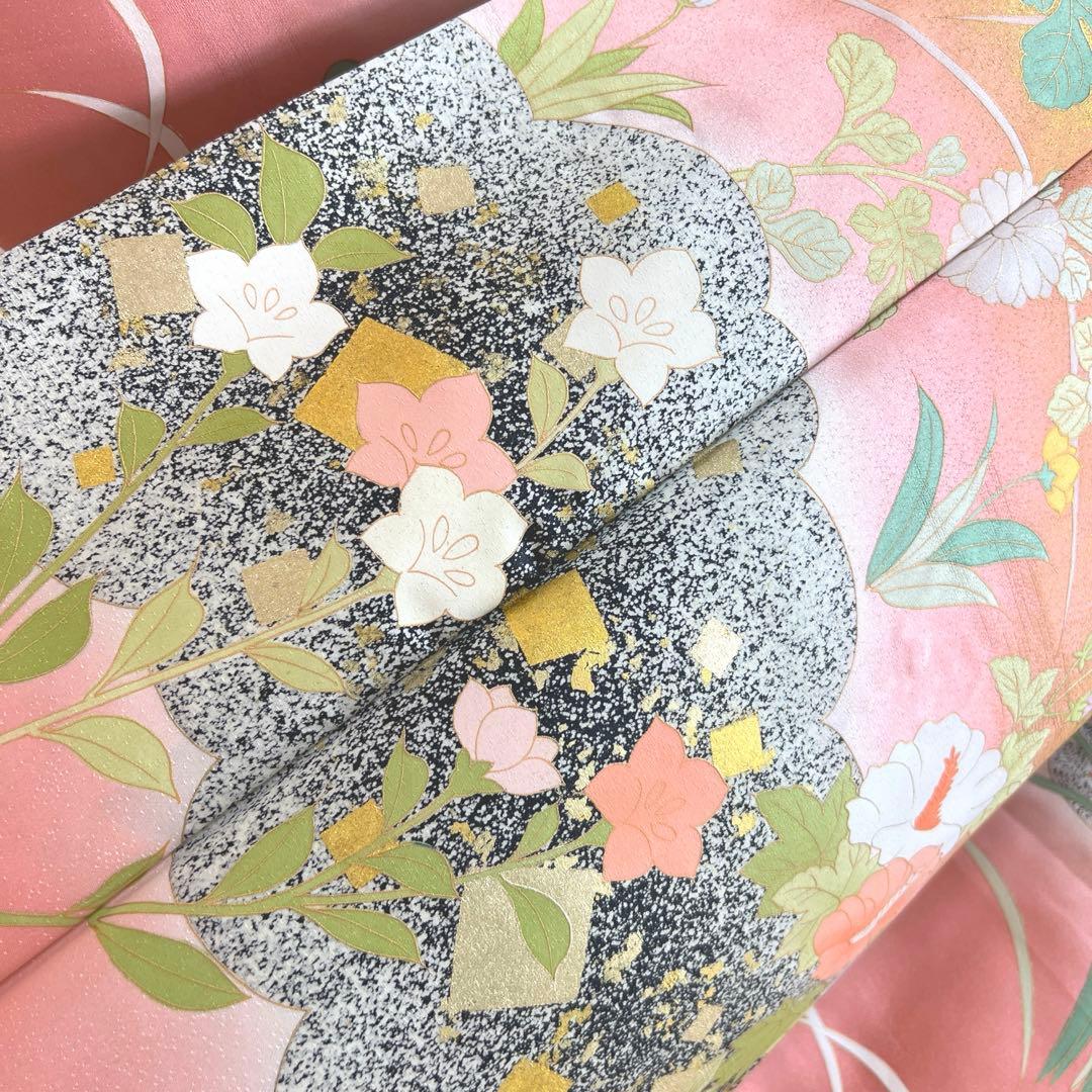 471 振袖フルセット 正絹 くすみピンク 渋桃 黒 金彩 暈し染め たたき染め