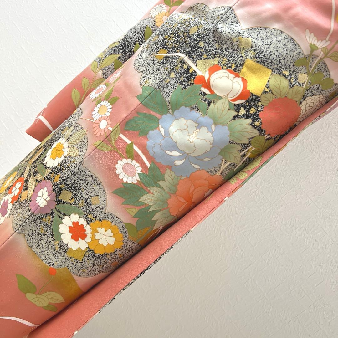 471 振袖フルセット 正絹 くすみピンク 渋桃 黒 金彩 暈し染め たたき染め