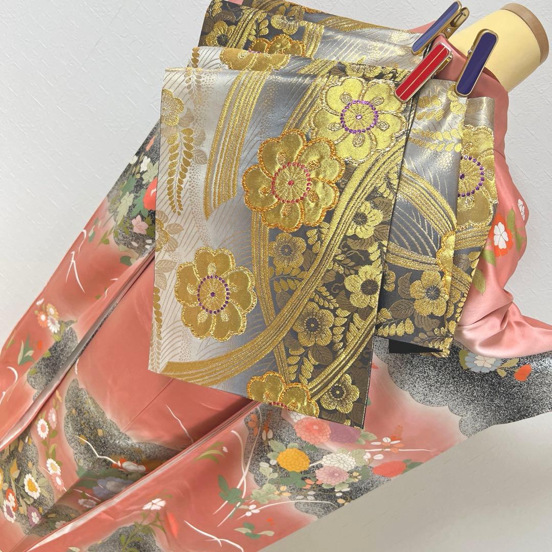 471 振袖フルセット 正絹 くすみピンク 渋桃 黒 金彩 暈し染め たたき染め