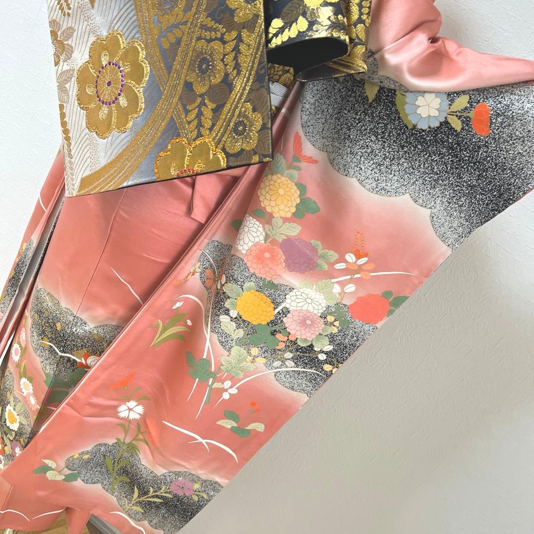 471 振袖フルセット 正絹 くすみピンク 渋桃 黒 金彩 暈し染め たたき染め