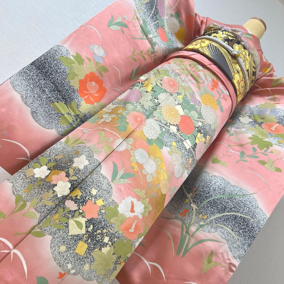 471 振袖フルセット 正絹 くすみピンク 渋桃 黒 金彩 暈し染め たたき染め