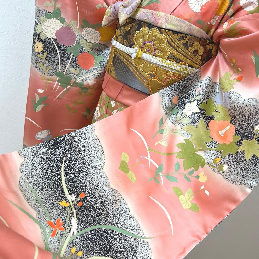 471 振袖フルセット 正絹 くすみピンク 渋桃 黒 金彩 暈し染め たたき染め