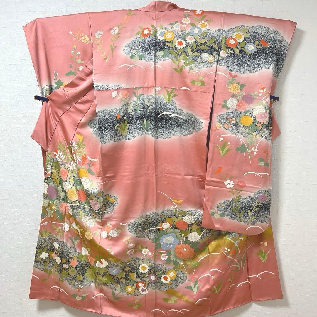 471 振袖フルセット 正絹 くすみピンク 渋桃 黒 金彩 暈し染め たたき染め