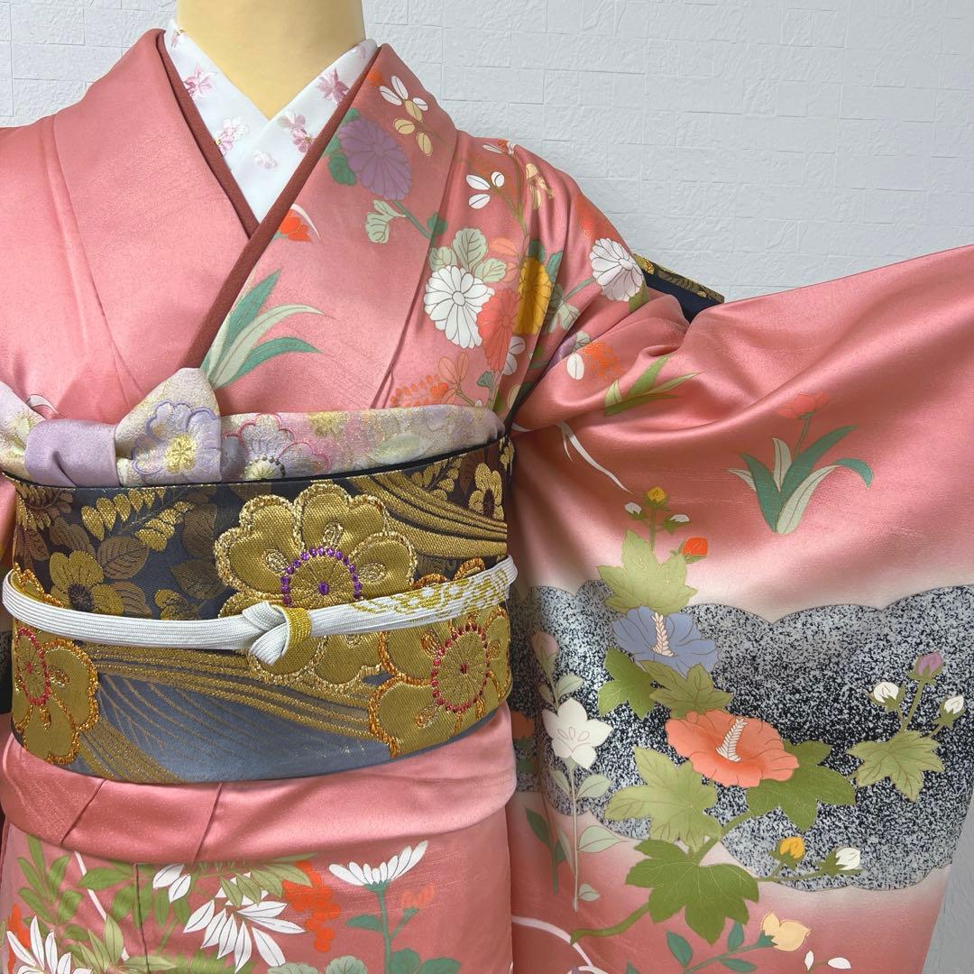 471 振袖フルセット 正絹 くすみピンク 渋桃 黒 金彩 暈し染め たたき染め