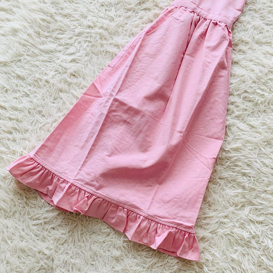 【ラルフローレン】エプロン ひざ丈 フリル ロゴ刺繍 コットン ピンク