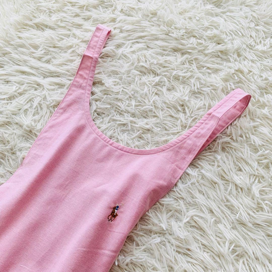 【ラルフローレン】エプロン ひざ丈 フリル ロゴ刺繍 コットン ピンク