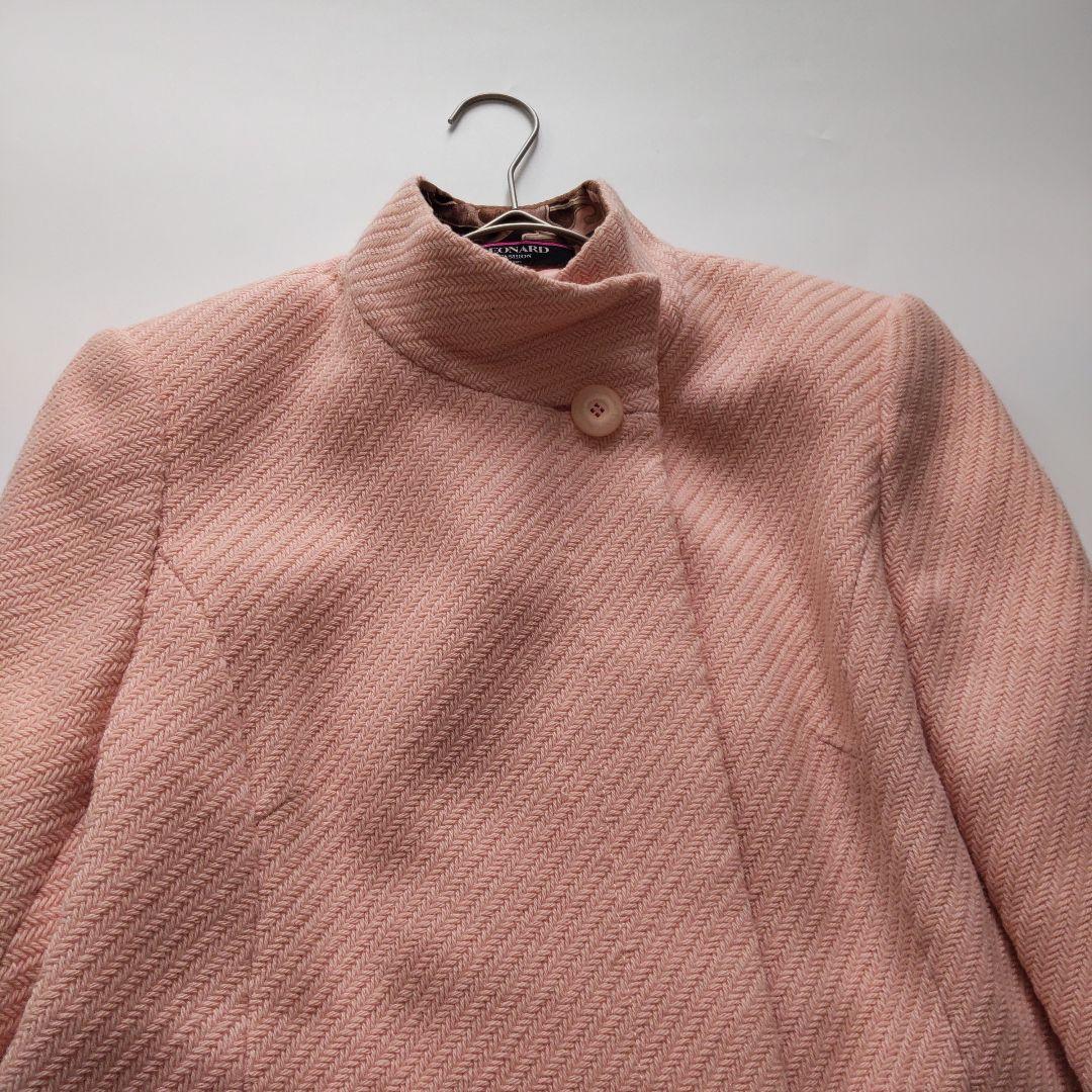 美品 レオナール スタンドカラー カシミヤ混 トリム ウール ロングコート 9号