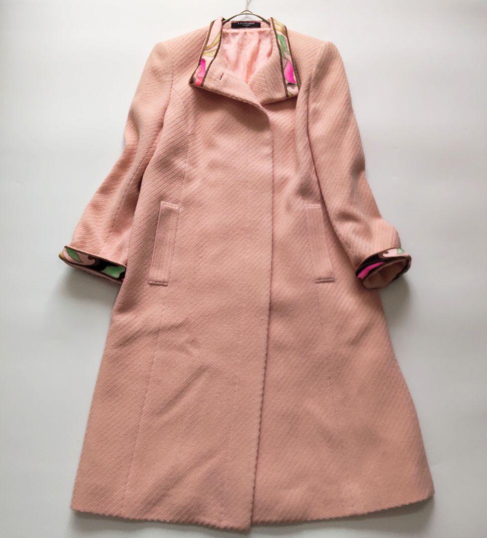 美品 レオナール スタンドカラー カシミヤ混 トリム ウール ロングコート 9号