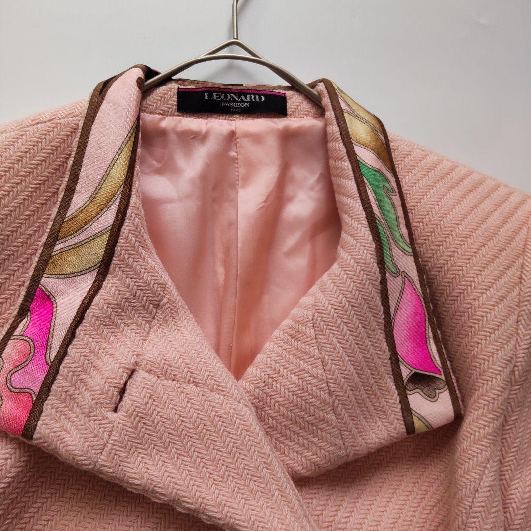 美品 レオナール スタンドカラー カシミヤ混 トリム ウール ロングコート 9号