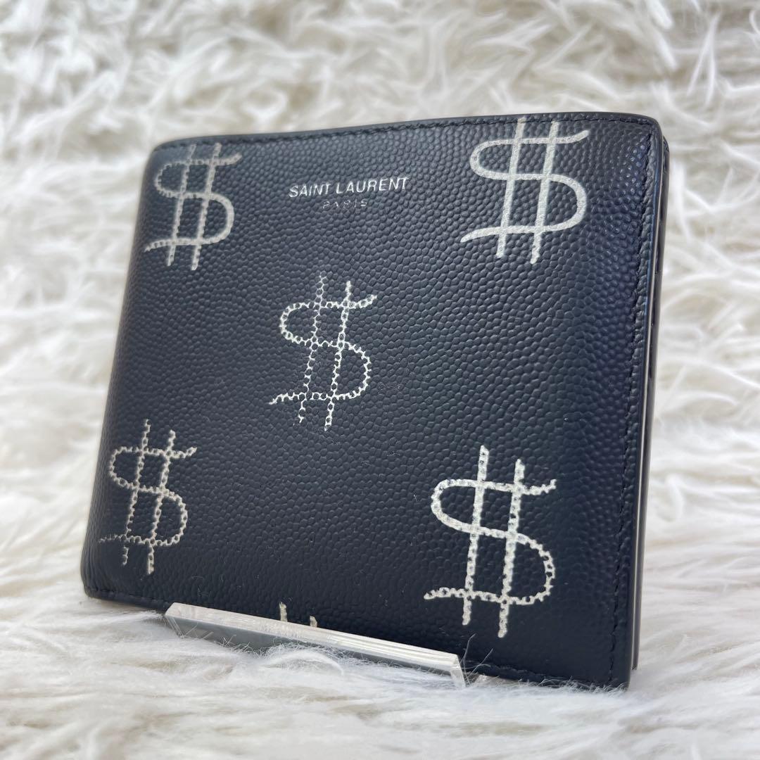 激レア✨️サンローラン 二つ折り財布 キャビア ドルマーク レザー ブラック