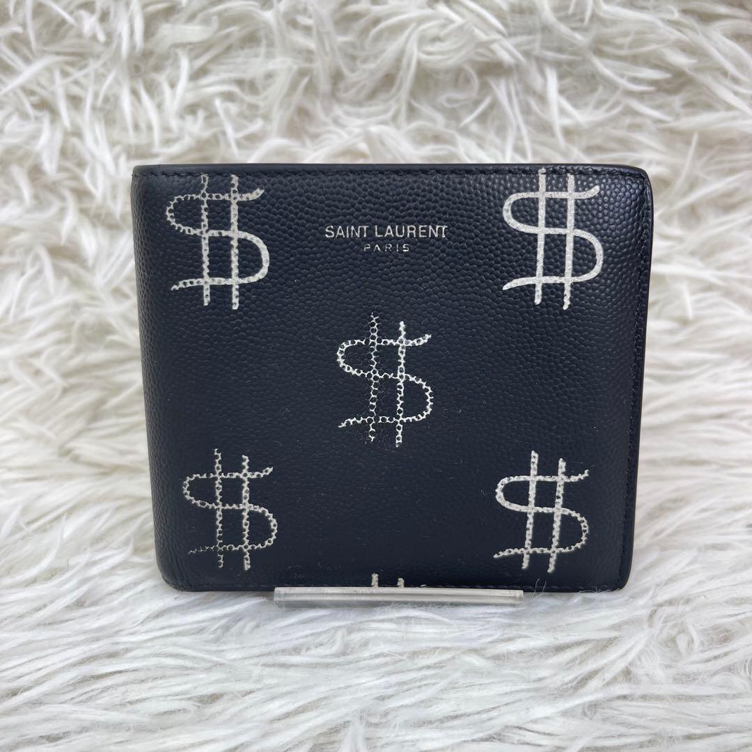 激レア✨️サンローラン 二つ折り財布 キャビア ドルマーク レザー ブラック