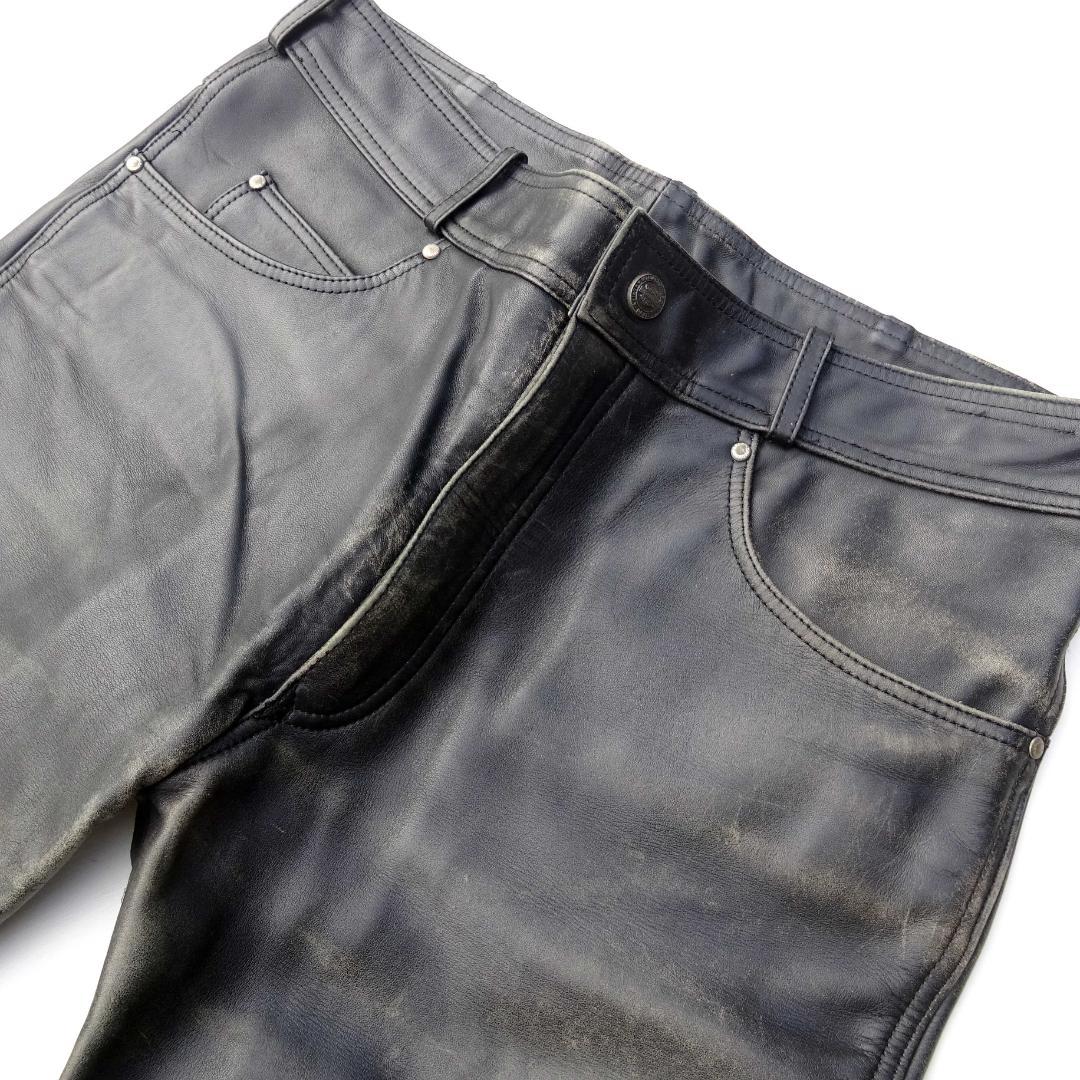 ハーレダビットソン革レザーパンツ ブーツカット革パンW36インチ黒バイク