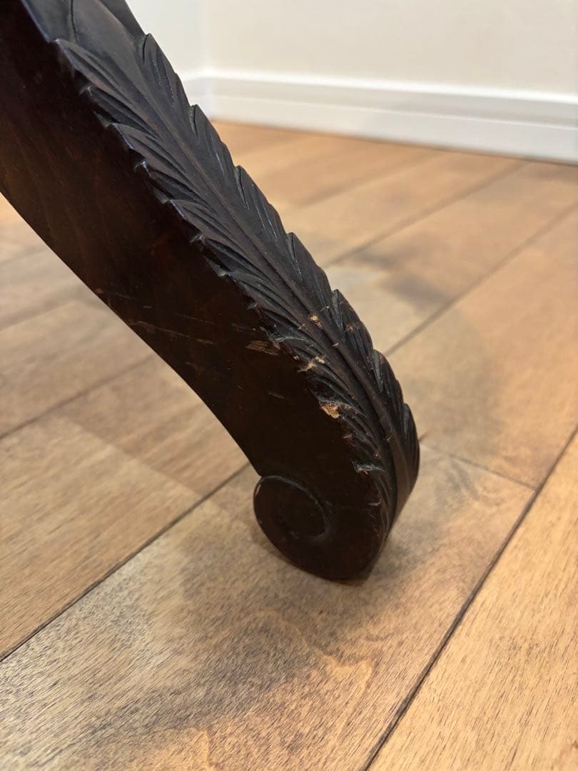 オリーブグリーン フリンジ付きスツール　ピアノ　椅子　彫刻　アンティーク