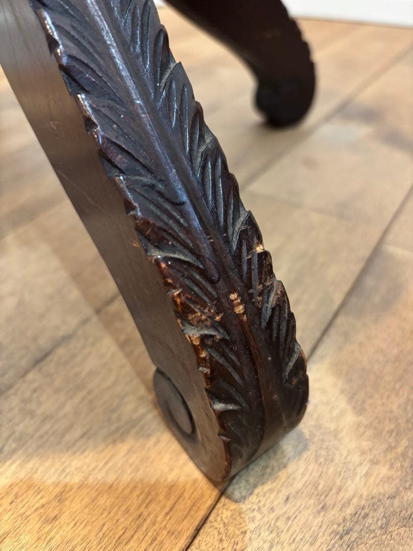 オリーブグリーン フリンジ付きスツール　ピアノ　椅子　彫刻　アンティーク