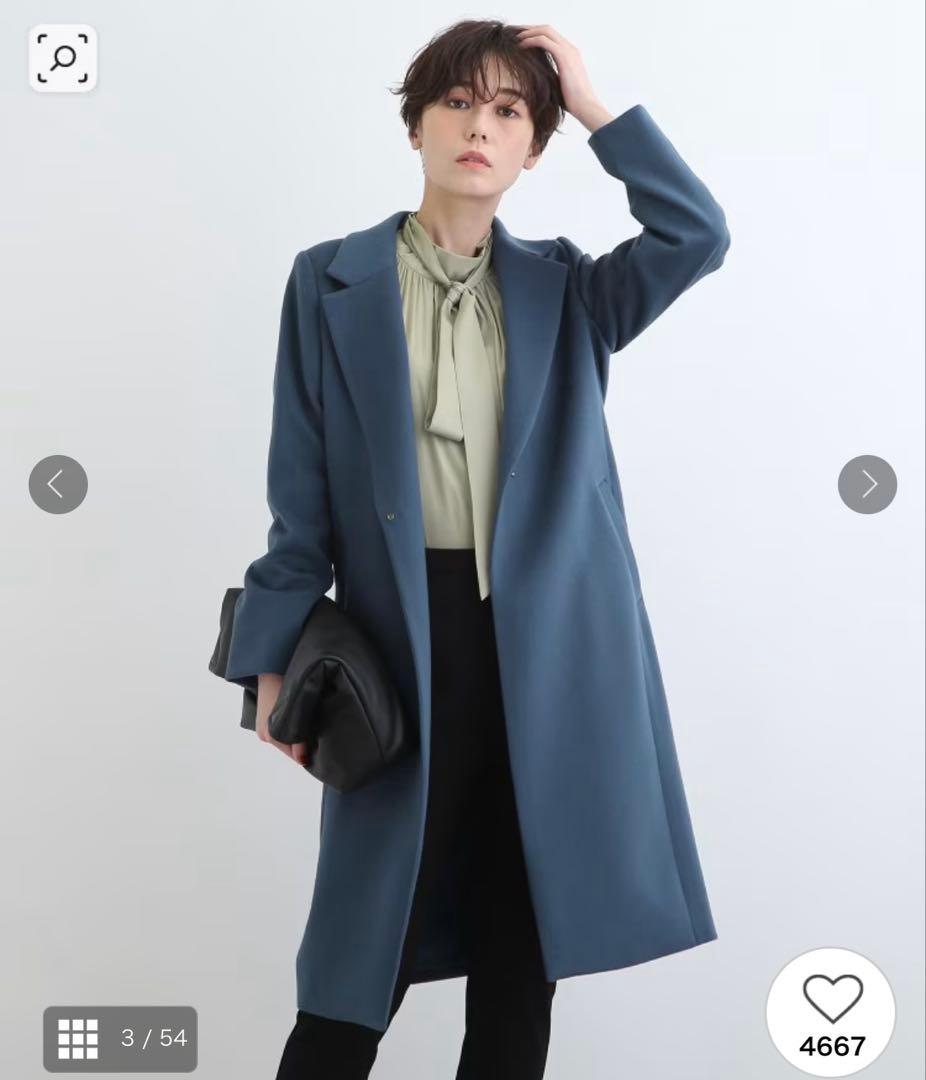 新品　インディヴィ　ウール　チェスターコート　ブルー系　34