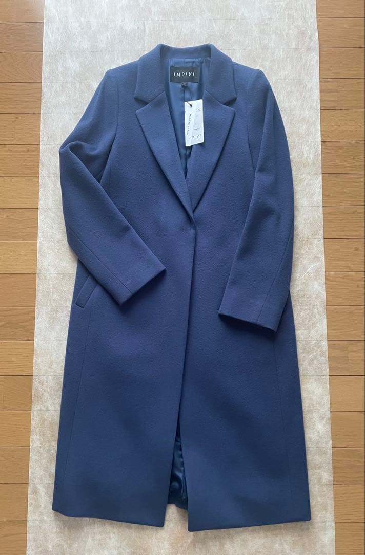 新品　インディヴィ　ウール　チェスターコート　ブルー系　34