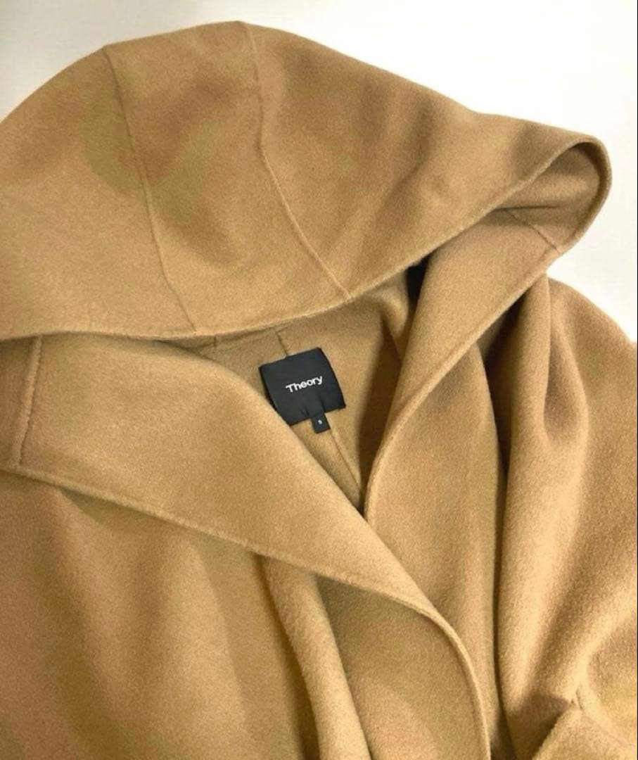Theoryセオリー ポンチョケープ　ベルト付き　フード　カシミア混キャメル　S